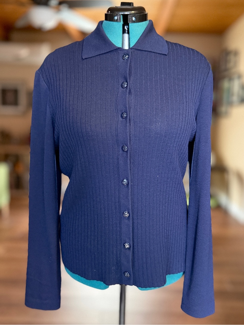 Vintage St. John Collection Navy Blue Ribbed Button-Down Long Sleeve Top